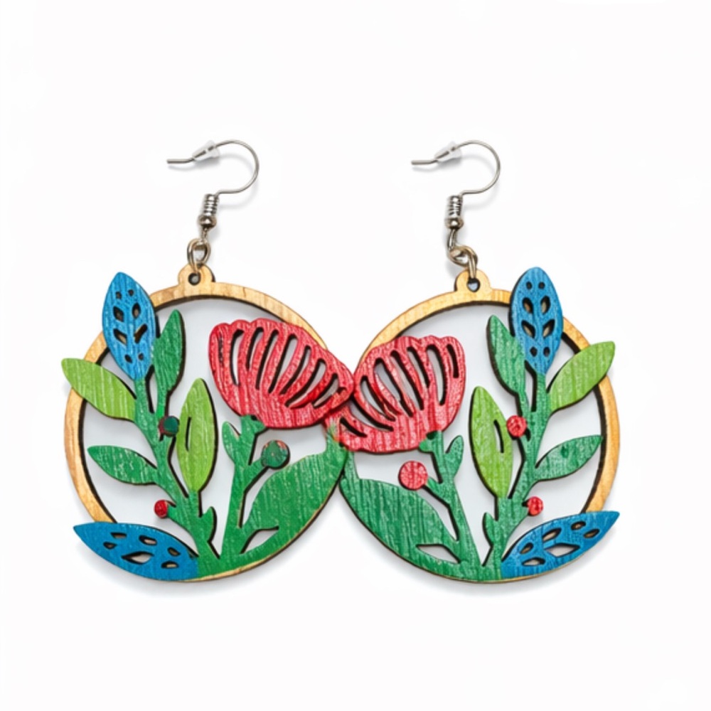 Floral Wooden Earrings with Red and Green Accents
